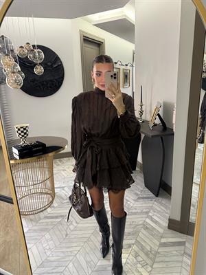 Kahverengi Özel Dokuda Kendinden Çizgili Elbise-35540