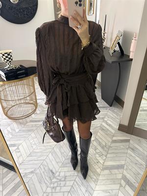 Kahverengi Özel Dokuda Kendinden Çizgili Elbise-35540