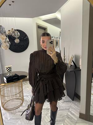 Kahverengi Özel Dokuda Kendinden Çizgili Elbise-35540