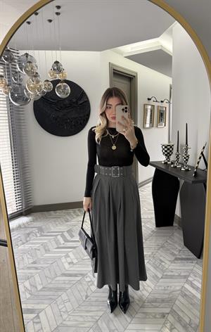 Gri Pilikaşeli Maksi Boy Etek-0392