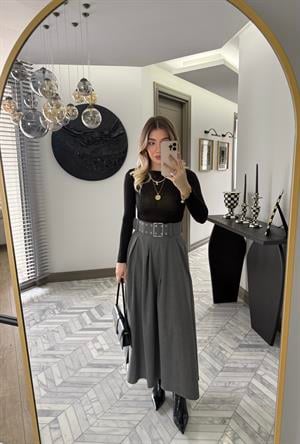 Gri Pilikaşeli Maksi Boy Etek-0392