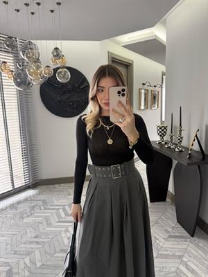 Gri Pilikaşeli Maksi Boy Etek-0392