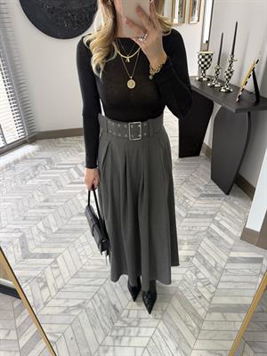 Gri Pilikaşeli Maksi Boy Etek-0392