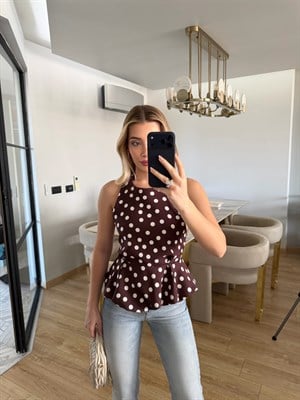 Kahverengi  Puantiyeli Balon Bluz-4169