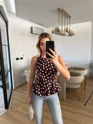 Kahverengi  Puantiyeli Balon Bluz-4169