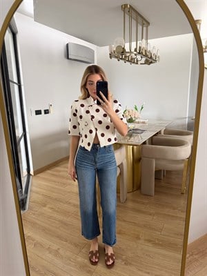 Kahverengi Puantiyeli Kısa Kollu Crop Ceket- 