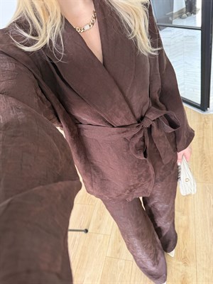 Kahverengi Şal Yaka Kimono Takım-51100