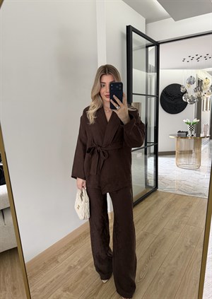 Kahverengi Şal Yaka Kimono Takım-51100