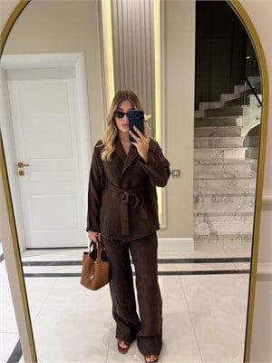 Kahverengi Şal Yaka Kimono Takım - 51100