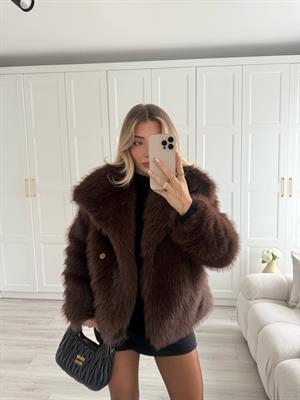 Kahverengi Şal Yakalı Premium Kürk