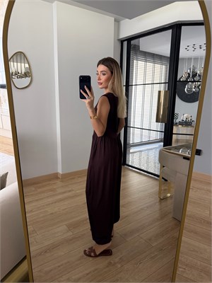 Kahverengi Sıfır Kol Modal Kumaş Tulum - 4144