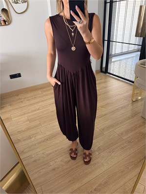 Kahverengi Sıfır Kol Modal Kumaş Tulum - 4144