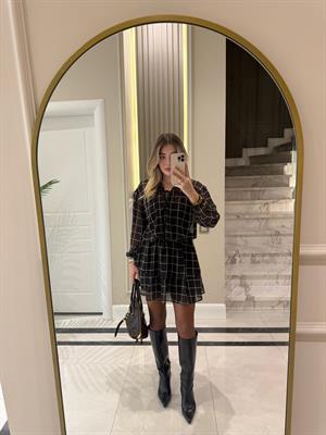 Kahverengi Şifon Desenli Elbise-35528