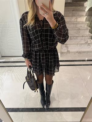 Kahverengi Şifon Desenli Elbise-35528