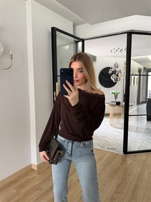 Kahverengi Tek Omzu Açık Dantelli Bluz-1013