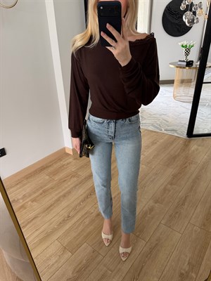 Kahverengi Tek Omzu Açık Dantelli Bluz-1013