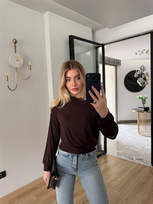 Kahverengi Tek Omzu Açık Dantelli Bluz-1013