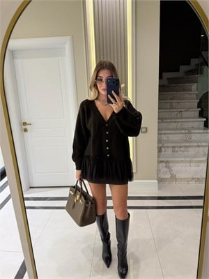 Kahverengi Tül Garnili Oversize Hırka - 2839 