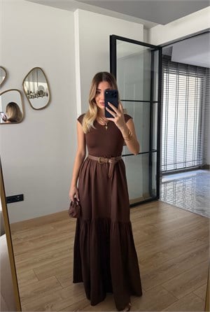 Kahverengi V Yaka Maxi Elbise 