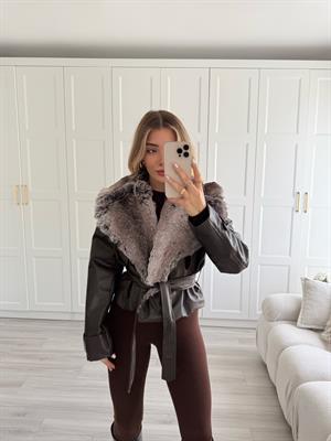 Kahverengi Yakası Kürklü Deri Ceket-9270