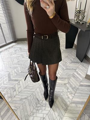 Kahverengi Yandan Pileli Şortlu Mini Etek-37210