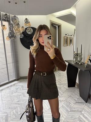 Kahverengi Yandan Pileli Şortlu Mini Etek-37210