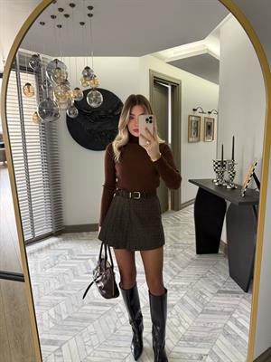 Kahverengi Yandan Pileli Şortlu Mini Etek-37210