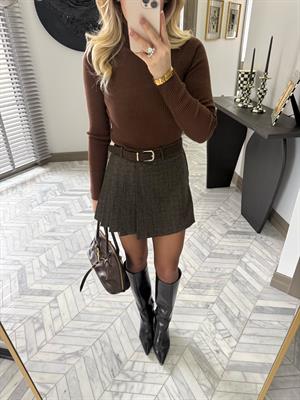 Kahverengi Yandan Pileli Şortlu Mini Etek-37210