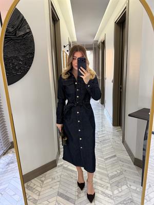 Rins Yıkama Kuşaklı Denim Elbise