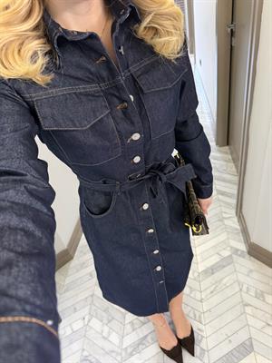 Rins Yıkama Kuşaklı Denim Elbise