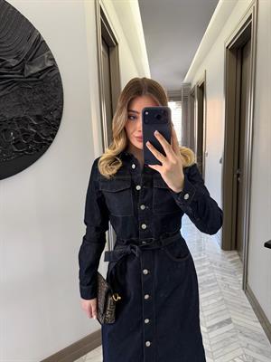 Rins Yıkama Kuşaklı Denim Elbise
