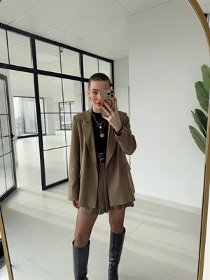 Karamel Rengi Çizgili Astarlı Poliviskon Ceket 