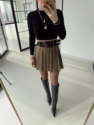 Karamel Rengi Pilili Çift Kemerli Etek 