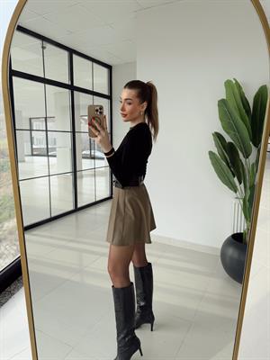 Karamel Rengi Pilili Çift Kemerli Etek 