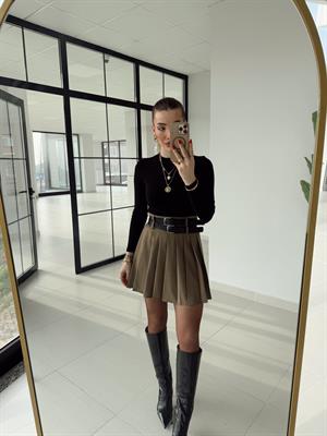 Karamel Rengi Pilili Çift Kemerli Etek 