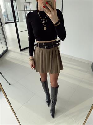 Karamel Rengi Pilili Çift Kemerli Etek 