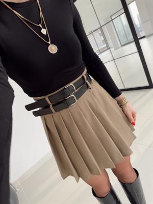 Karamel Rengi Pilili Çift Kemerli Etek 