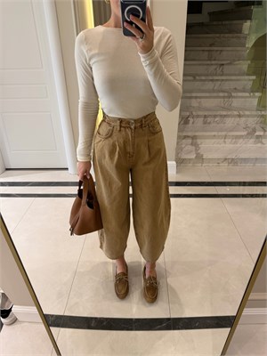Karamel Vintage Yıkamalı Bol Kesim Jean