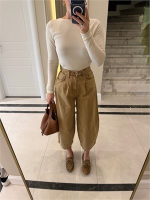Karamel Vintage Yıkamalı Bol Kesim Jean