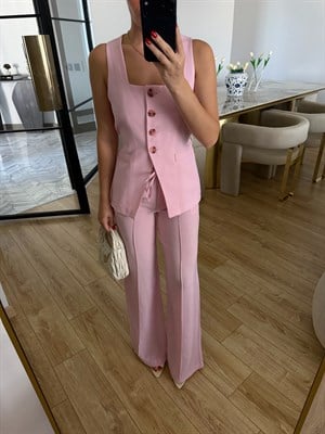 Kare Yaka Keten İkili Bari Takım - Pembe 
