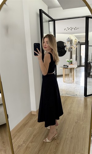 Kare Yakalı Kemerli Denim Elbise