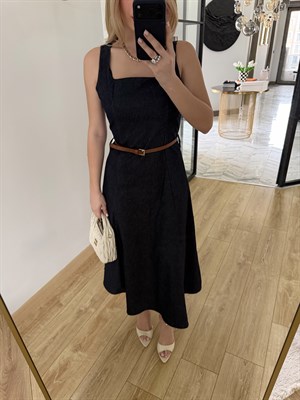 Kare Yakalı Kemerli Denim Elbise