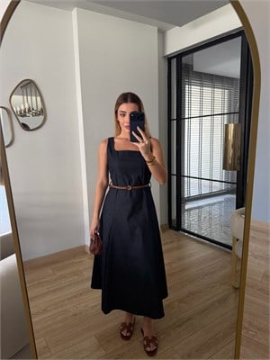 Kare Yakalı Kemerli Denim Elbise