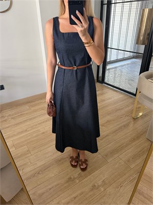 Kare Yakalı Kemerli Denim Elbise