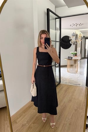Kare Yakalı Kemerli Denim Elbise