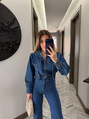 Kargo Cep Detaylı Boğaz Kuşaklı Denim Tulum-60107