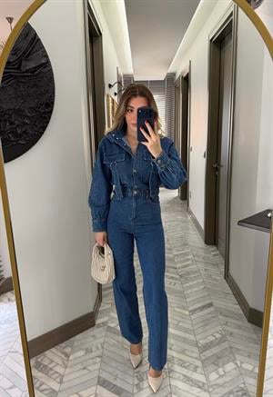 Kargo Cep Detaylı Boğaz Kuşaklı Denim Tulum-60107