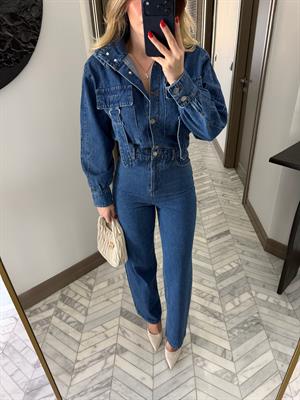Kargo Cep Detaylı Boğaz Kuşaklı Denim Tulum-60107