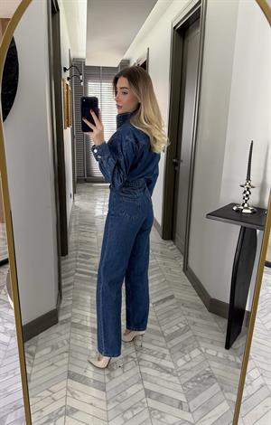 Kargo Cep Detaylı Boğaz Kuşaklı Denim Tulum-60107