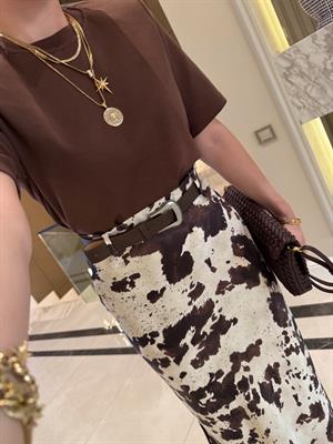 Kemerli Desenli Bej-Kahve Saten Etek -7142